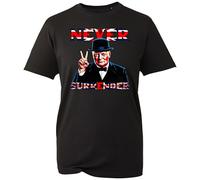 Never Surrender Union Jack T-Shirt - Motivational British Heritage Tee for History and Patriotism Fans Churchill Legend Top (Black, 2XL)