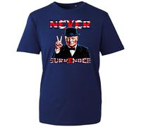 Never Surrender Union Jack T-Shirt - Motivational British Heritage Tee for History and Patriotism Fans Churchill Legend Top (Navy, 4XL Years)