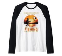 Never Underestimate an Old Man Fishing Seventies Raglan Baseball Tee