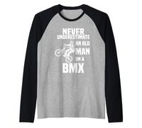 Never Underestimate an Old Man on a BMX Skeleton Drives BMX Raglan Baseball Tee