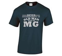 Never Underestimate an Old Man with a MG T-Shirt Silver Text, 100% Cotton, Classic Fit, Car Enthusiast Tee- Navy (Size-3XL)