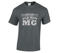 Never Underestimate an Old Man with a MG T-Shirt Silver Text, 100% Cotton, Classic Fit, Car Enthusiast Tee- Charcoal (Size-L)