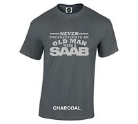 Never Underestimate an Old Man with a SAAB T-Shirt - 100% Cotton Crew Neck - Silver Logo Unisex Fit- Charcoal (Size-3XL)
