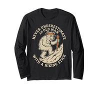 Never Underestimate Old Man Hiking Stick Retro Hiker BearDad Long Sleeve T-Shirt