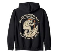 Never Underestimate Old Man Hiking Stick Retro Hiker BearDad Zip Hoodie
