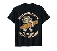 Never Underestimate Old Man Surfer Surfboard Bulldog Retro T-Shirt
