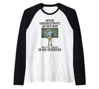 Never Underestimate Old Man Who Still Teaches in Seventies Raglan Baseball Tee