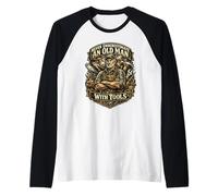 Never Underestimate Old Man with Tools Mechanic Retired Dads Raglan Baseball Tee