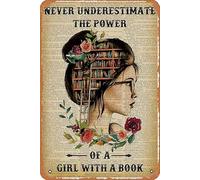 Never Underestimate The Power Of A Girl With Book Reading, Wall Art Decor Vintage Tin Signs Wall Decor Metal Signs Metal Tin Sign Wall Decor For Your Room Bar Cafe Club Decoration Unique Wall Decor