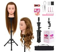 Neverland 26"-28" Hairdressing Head Training Head with Stand, 60% Human Hair Doll Head for Hairdressing, Training Heads for Hairdressers, Training Head with Table Clamp and Hair Accessories(Golden)