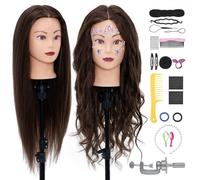Neverland 28" Training head with 80% Real Human Hair Cosmetology Hairdressing Mannequin Doll Head with table clamp + Hairdressing Tools Accessories Set(Brown)