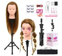 Neverland Beauty Hairdressing Head with Tripod Stand, 26-28" Make-Up Mannequin Head, 60% Real Hair Training Head for Styling Braiding, Long Doll Head with Eyelashes & Accessories