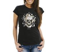 Neverless® Women's Slim Fit T-Shirt Skull Roses Skull - Black - Medium