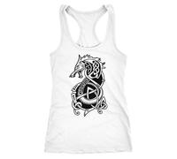 Neverless® Womens Wolf Fenrir Mythology Viking Norse Mythology Odin Fashion Streetstyle Racerback Tank Top - White - X-Large