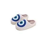 NEVEROLD Fun Cute Cartoon Illustrated Comfort Cozy Plush Fluffy Fur Slip On Cushion Slippers for Women and Men, Evil Eyes-blue, XL
