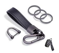 Nevoluxer Leather Car Keychain - Universal Key Fob Holder with 360° Swivel, Anti-Lost D-Ring & 3 Key Rings, Carabiner Clip for Car Keys, Home & Office (5 inch, Black)