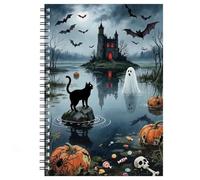 NevPuose Halloween Spiral Notebook Gothic Castle Lake Ghost Black Cat Cover | Halloween Gothic Notebook, Journal with Pumpkin Bat Illustration, Spooky Writing Diary Sketchbook for Halloween Lovers