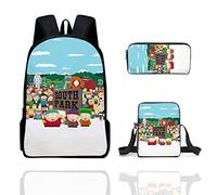 NEVRAH South Park Backpack, 3 Piece Set Students Schoolbag Crossbody Bag Pencil Case, South Park Backpack Anime 3D Schoolbag Student Cartoon Bookbag Backpack