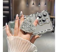 NevStp Plating Large Window Wave Phone Case For iPhone 13 15 Pro Max 14 Pro 12 11 Diamond Heart Mirror Holder Cover,Silver,for iphone 15pro