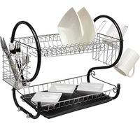 New 2 Tier Chrome Plate Dish Cutlery Cup Drainer Rack DRIP Tray Plates Holder (Black)