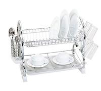 New 2 Tier Chrome Plate Dish Cutlery Cup Drainer Rack DRIP Tray Plates Holder (Chrome)
