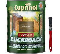 New 2018 Cuprinol Ducksback Shed & Fence Paint 5 Litre Forest Oak. Non Drip, Water Repellent and Frost Defence. Protection for 5 Years. Includes PSP Touch up Brush.