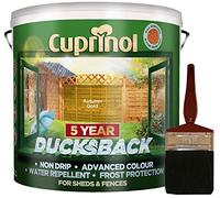 New 2018 Cuprinol Ducksback Shed & Fence Paint 9 Litre Autumn Gold. Includes PSP 4” fence application woodcare brush. Protection for 5 Years. Non Drip, Water Repellent and Frost Defence.