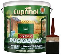 New 2018 Cuprinol Ducksback Shed & Fence Paint 9 Litre Forest Green. Non Drip, Water Repellent and Frost Defence. Protection for 5 Years. Includes PSP 4" fence application woodcare brush.