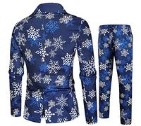 New 2024 Christmas Men's Fashion Casual Christmas Printed Suit Jacket Pants Suit Set of Two Slim Fit Tux (Blue, L)