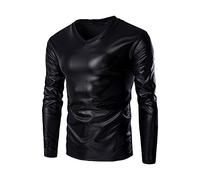 New 2024 Christmas Mens Shiny Wet Look Long Sleeve T-shirt Top Slim Fit V Neck Blouse Slum Fit Mens Dress Shirt (Black, L)