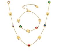 New 2026 Unisex Thin Chains Necklace Bracelet In Stainless Steel With Multi Color Zircon 18K Gold Plated Charm Necklaces Bracelets Set For Women Decoration Jewelry Luxury Trendy For Women And Men