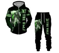 New 3D Printed Men's and Women's Sportswear Wolf Series Hoodie and Trousers Set with Zip, 2, XL