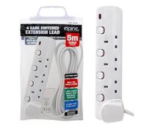 New 4 Way, 5 Metre Extension Cable - Cord, Electric Mains Power Socket Plug 13 Amp, LED, Individual Socket Switch | UK Plug 3 Pin Socket Outlet | Ideal For Emergency Use (4 Way, 5m Switched)