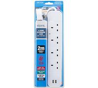 NEW 4 WAY GANG EXTENSION LEAD 2 USB PORTS 2 METRE CABLE EXTENTION 4 SOCKET PLUG