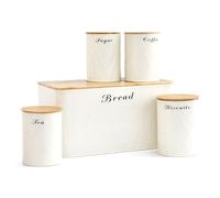 Oypla 5Pc Cream Bamboo Lid Kitchen Canister Storage Tin Set Bread Biscuits Tea Sugar Coffee
