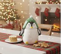 New Adorable Festive Christmas Ceramic Cookie Jar - Holiday Kitchen Storage for Cookies, Sweets, and Seasonal Decor -A75 (Penguin)