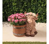 New Adorable Highland Cow Planter with Barrel Style Pot - Rustic Farmyard Garden Flower Pot Ornament for Patio, Lawn or Outdoor Display -A43
