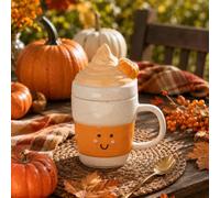 New Adorable Pumpkin Spiced Latte Mug with Lid - Autumn Ceramic Coffee Mug with Lid for Tea, Coffee, & Seasonal Drinks, Cosy Fall Kitchen Gift-A74