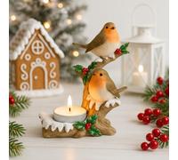 New Adorable Robin Tea Light Holder with Festive Robins on Snowy Branch - Decorative Candle Holder with Holly and Berries Design - Christmas Home Decor -N41