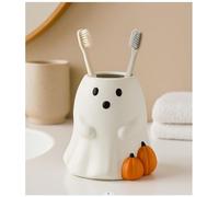 New Adorable White Halloween Ceramic Ghost Tumbler with Pumpkin Accents, Multi-Purpose Holder for Toothbrushes, Pens Makeup Brushes Cute & Spooky Bathroom Home Decor -D24