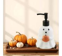 New Adorable White Halloween Ghost Soap Dispenser with Black Easy-Pump Top, Cute Ceramic Ghost with Pumpkin Detail Refillable Liquid Hand Lotion Bottle,Bathroom Halloween Decor-D25