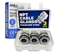 New Age America® 3pcs NPT KableLock™ Stainless Steel Cable Glands | 1/2" | 304 Steel Cord Grip Strain Relief | Adjustable with Gasket | IP68 Rated Waterproof | Size Engraved | With Assortment Case