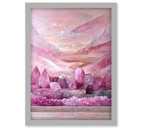 New Age Mystical Pink Quartz Crystal Landscape Mountains Artwork Framed Wall Art Print A4 Artery8 Light Grey One Size