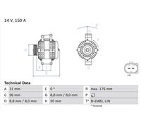 Bosch Alternator 0 986 047 150 – OE Quality, 176mm, Clockwise, Fits Mercedes-Benz C/CLC/CLK/CLS/E