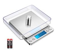 (New) AMIR Digital Kitchen Scale, 500g/ 0.01g Mini Pocket Jewelry Scale, 100g Calibration Weight, Cooking Food Scale, Back-Lit LCD Display, 2 Trays, 6 Units, Auto Off, Tare, PCS, Stainless Steel