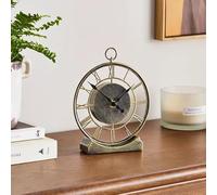 New Antique Brass Skeleton Mantel Clock - Silent Battery Operated Freestanding Vintage Table Clock with Exposed Gears - Industrial Metal Design for Shelf, Office, or Home Décor M -26