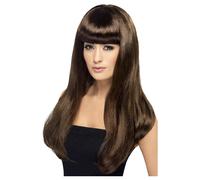 Smiffys Babelicious Wig, Brown Long, Straight with Fringe, Ladies Glamour Wigs Fancy Dress, Adult Dress Up Wigs