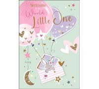 New Baby Birth Congratulations Card - Welcome to the World - Bunny Rabbit and Balloons - Special Finishes and Illustrated Insert Leaf - Made in the UK