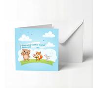 New Baby Boy Card, Cartoon Animals and Blue Sky and White Clouds Background Design,witness The Birth of Newborn Baby,cute New Baby Boy Card,13x13cm