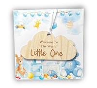 New Baby Boy Card With Wooden Hanging Cloud Keepsake - Newborn Baby Boy Gift Welcome To The World Little One, Ideal Present for new Parents (Blue)